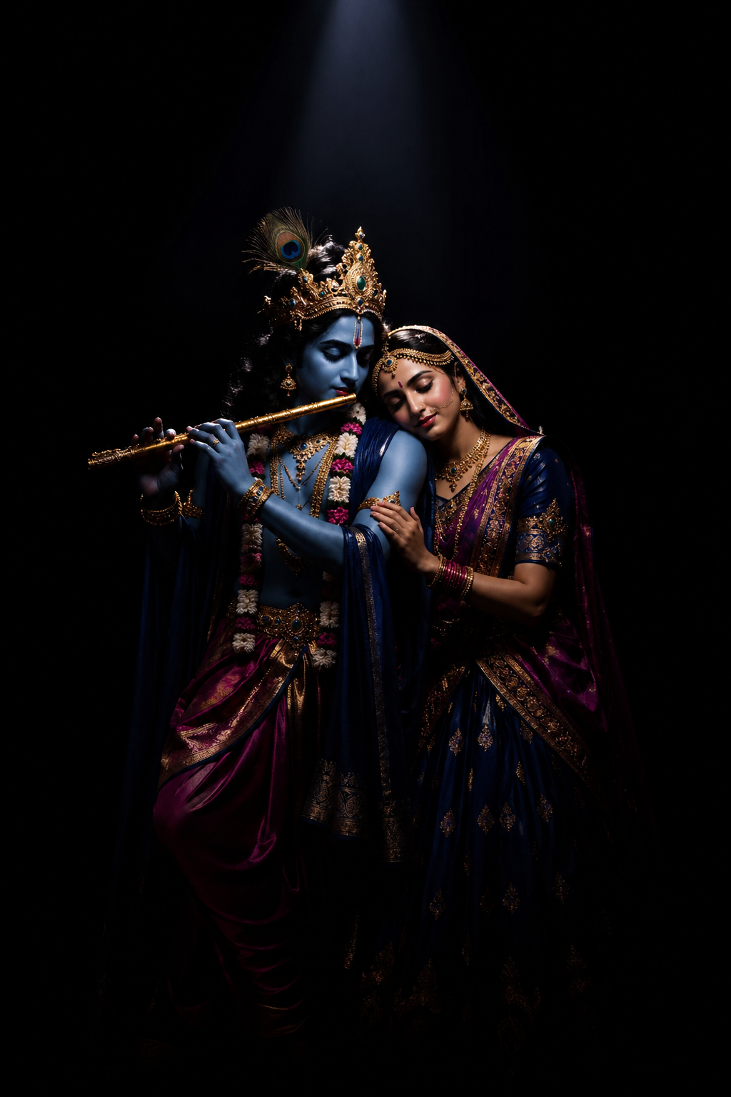 Radha Krishna on pure black background with dramatic studio spotlight high-contrast luxury aesthetic